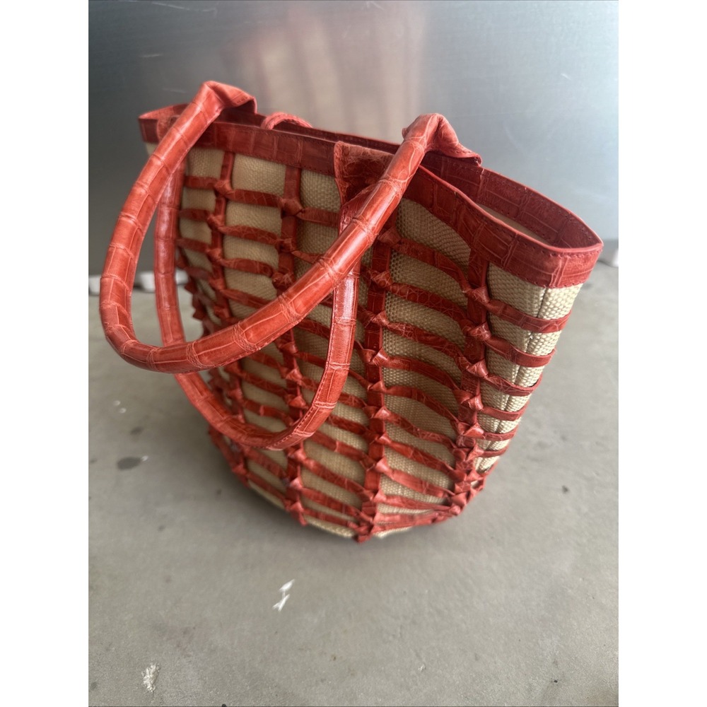 RARE Nancy Gonzalez Coral Red CROCODILE Woven Shoulder Bag Purse - Picture 6 of 8